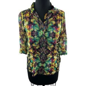 WILFRED Silk Yellow Black Shirt Dotted Printed Button Front Side Slit Sz 2XS